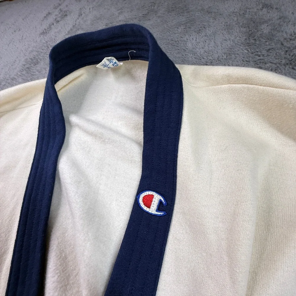 Champion Fleece Robe Mens Large Ivory Excellent Vintage 90s USA Navy Trim